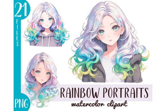 Download Watercolor Rainbow Hair Girl Anime PNG - Premium Resources