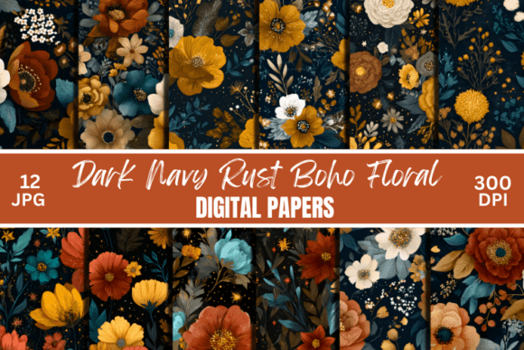 Download Dark Navy Rust Boho Floral Digital Paper - Paper Collection